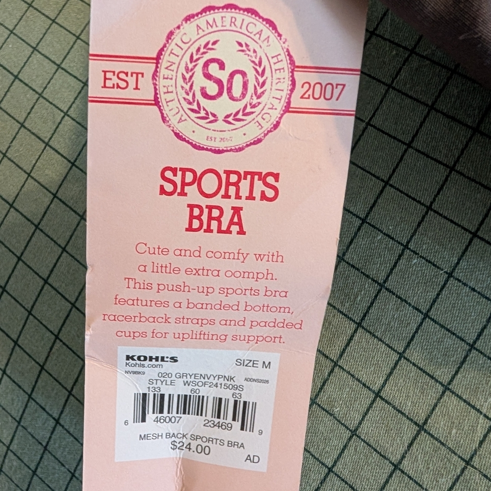 Women's Racerback Sports Bra in Gray and Pink with light blue trim. - Picture 3 of 5